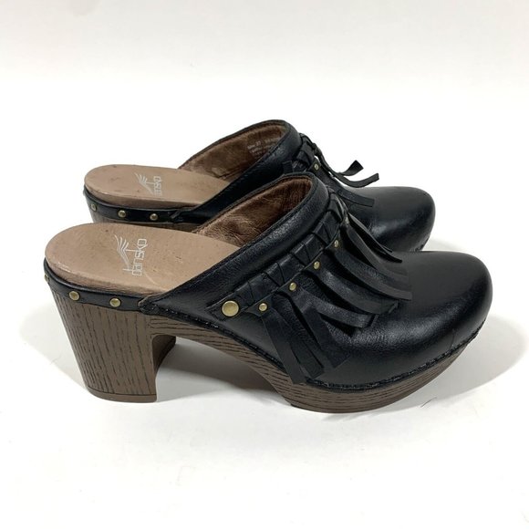 Dansko Deni Black Leather Fringe Heel Clog Mules Sz EU 37 US 6.5-7 - Picture 2 of 10